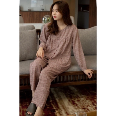 Đồ Pijama Nữ Kẻ Caro Chất Mềm Mịn, Thoải Mái - Quần Dài Túi Xếp Ly Suna Clothing 4