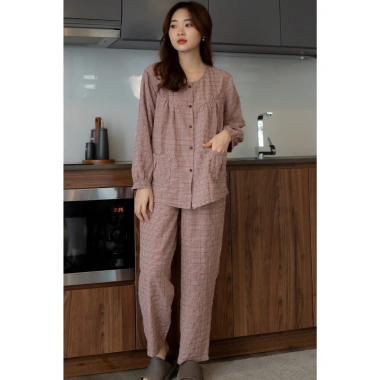 Đồ Pijama Nữ Kẻ Caro Chất Mềm Mịn, Thoải Mái - Quần Dài Túi Xếp Ly Suna Clothing 6