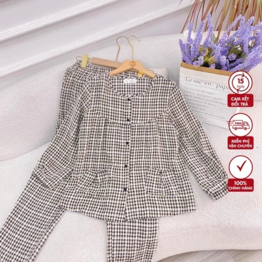 Đồ Pijama Nữ Kẻ Caro Chất Mềm Mịn, Thoải Mái - Quần Dài Túi Xếp Ly Suna Clothing 10