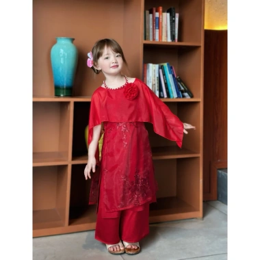 Đồ Tết 2.026 bé gái áo dài cách tân, áo cổ yếm ngọc và choàng 8-28kg Đậu Kids
