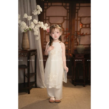 Đồ Tết 2.026 bé gái áo dài cách tân, áo cổ yếm ngọc và choàng 8-28kg Đậu Kids