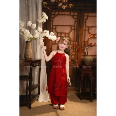 Đồ Tết 2.026 bé gái áo dài cách tân, áo cổ yếm ngọc và choàng 8-28kg Đậu Kids