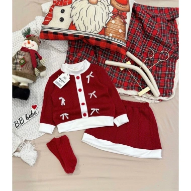 Đồ Tết bé gái Set len thừng mềm mại đính nơ - Chân váy len đỏ Noel 10-30kg - 169.000đ Tiệm Nhà Sam 4