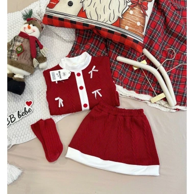 Đồ Tết bé gái Set len thừng mềm mại đính nơ - Chân váy len đỏ Noel 10-30kg - 169.000đ Tiệm Nhà Sam 9