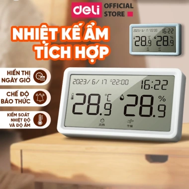 Đồng Hồ Báo Thức Tích Hợp Nhiệt Kế Deli - Đo Nhiệt Độ & Độ Ẩm Phòng Ngủ Bé Chính Xác