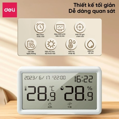 Đồng Hồ Báo Thức Tích Hợp Nhiệt Kế Deli - Đo Nhiệt Độ & Độ Ẩm Phòng Ngủ Bé Chính Xác 3