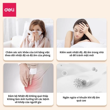 Đồng Hồ Báo Thức Tích Hợp Nhiệt Kế Deli - Đo Nhiệt Độ & Độ Ẩm Phòng Ngủ Bé Chính Xác 5