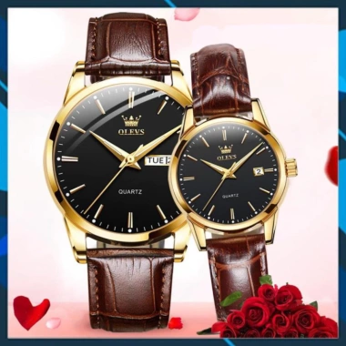 Đồng hồ đôi Olevs Nhật Bản cao cấp - Chống thấm nước, dây da, dạ quang, thạch anh, cơ cấu chỉ kim - Giá ưu đãi 1.9 triệu