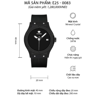 Đồng hồ nam ETERNO E25-83 dây cao su đen full đen 40mm - Giá ưu đãi 688.000₫
