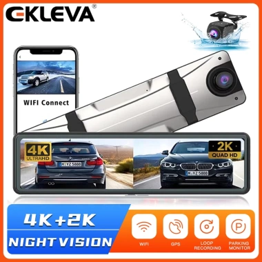 ELKEVA 12 inch 4K+2K Dash Cam Gương chiếu hậu WIFI Ống kính kép Màn hình IPS DVR Drive Stream - Giá 2.708.049 VND