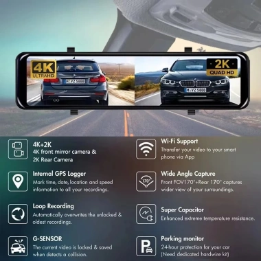 ELKEVA 12 inch 4K+2K Dash Cam Gương chiếu hậu WIFI Ống kính kép Màn hình IPS DVR Drive Stream - Giá 2.708.049 VND
