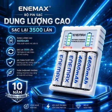 Enemax Combo Sạc + Pin AA 4.600mAh - Pin sạc tái sử dụng, trọn bộ cho mic hát, đồng hồ, giảm giá 19%