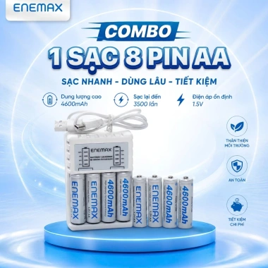 Enemax Combo Sạc + Pin AA 4.600mAh - Pin sạc tái sử dụng, trọn bộ cho mic hát, đồng hồ, giảm giá 19%