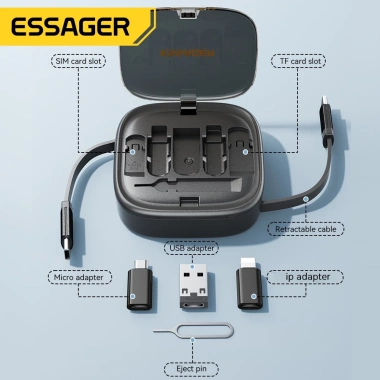 ESSAGER 60W 6 trong 1 USB Type C OTG Cable Protector - Hộp đa năng 100cm, chỉ 155.000 VND