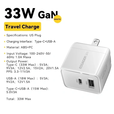 Essager Bộ sạc du lịch 33W USB GaN Type-C sạc nhanh PD3.0 QC3.0 cho Android - Giá chỉ 250.560 VND 9