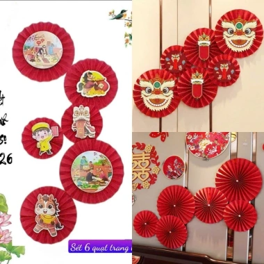 (FREE SHIP) Sét 6 quạt giấy đỏ Trang trí Tết 2.026 - Decor nhà cửa, trường học Nguyên Đán
