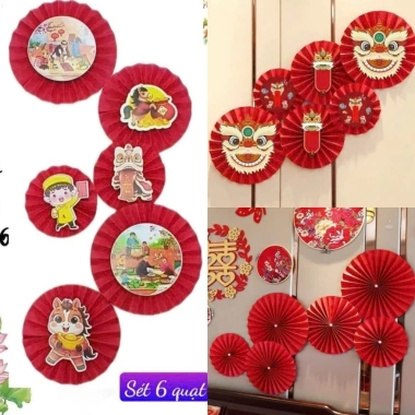 (FREE SHIP) Sét 6 quạt giấy đỏ Trang trí Tết 2.026 - Decor nhà cửa, trường học Nguyên Đán
