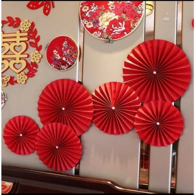 (FREE SHIP) Sét 6 quạt giấy đỏ Trang trí Tết 2.026 - Decor nhà cửa, trường học Nguyên Đán