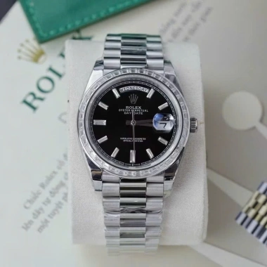 Fullbox Đồng hồ nam Rolex Day-Date trắng mặt đen đính đá máy cơ Thuỵ Sỹ bảo hành 5 năm 2