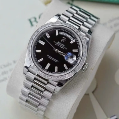 Fullbox Đồng hồ nam Rolex Day-Date trắng mặt đen đính đá máy cơ Thuỵ Sỹ bảo hành 5 năm 3