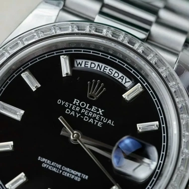 Fullbox Đồng hồ nam Rolex Day-Date trắng mặt đen đính đá máy cơ Thuỵ Sỹ bảo hành 5 năm 5
