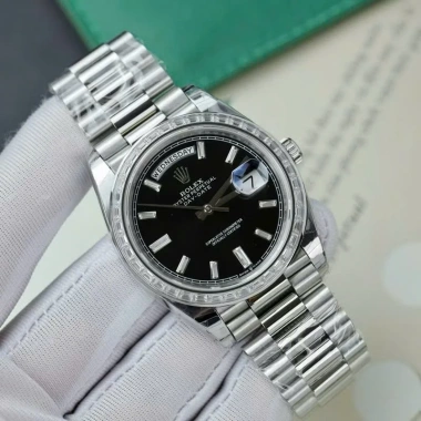 Fullbox Đồng hồ nam Rolex Day-Date trắng mặt đen đính đá máy cơ Thuỵ Sỹ bảo hành 5 năm 6