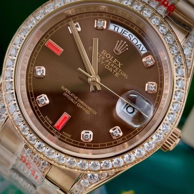 Fullbox Đồng Hồ Rolex 38-41mm Đá CZ Mặt Nâu, Đá Ruby Đỏ, Vỏ Vàng Hồng - Máy Cơ Nhật 6