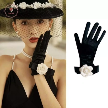 Găng tay AACAR đen satin nhung camellia co giãn full ngón, cổ tay ngắn, cô dâu, xe đạp, giữ ấm - quà tặng
