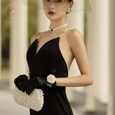 Găng tay AACAR đen satin nhung camellia co giãn full ngón, cổ tay ngắn, cô dâu, xe đạp, giữ ấm - quà tặng