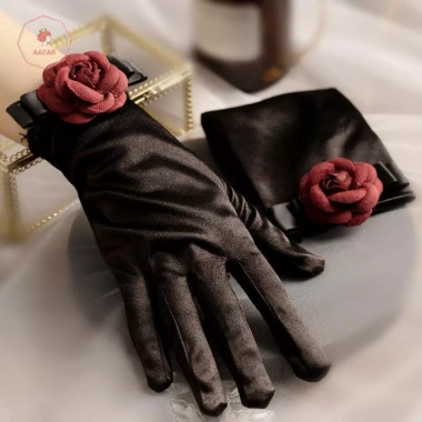 Găng tay AACAR đen satin nhung camellia co giãn full ngón, cổ tay ngắn, cô dâu, xe đạp, giữ ấm - quà tặng