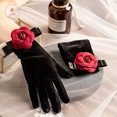 Găng tay AACAR đen satin nhung camellia co giãn full ngón, cổ tay ngắn, cô dâu, xe đạp, giữ ấm - quà tặng