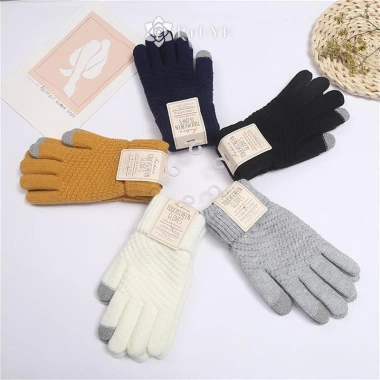 Găng tay màn hình cảm ứng Qrhyk mùa đông nữ ấm áp, dày co giãn, đan full ngón