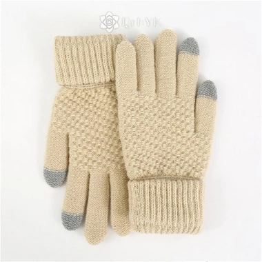 Găng tay màn hình cảm ứng Qrhyk mùa đông nữ ấm áp, dày co giãn, đan full ngón