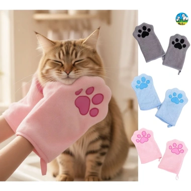 Găng tay tắm mèo chó vải coral fleece siêu mềm – Massage, lau khô nhanh, giảm rụng lông