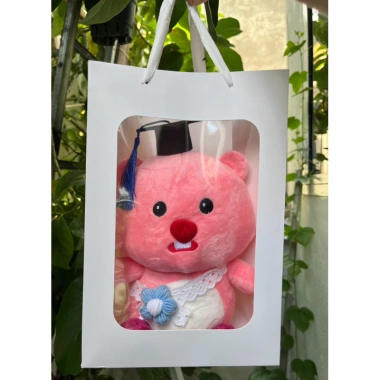 Gấu bông hải ly hồng Loopy 30cm kèm đèn và thiệp - Quà tặng tốt nghiệp cử nhân