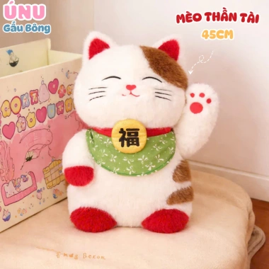 Gấu Bông Mèo Thần Tài 50cm Đuôi Đầy Đeo Khăn Xanh Thêu Chữ Phúc - May Mắn Tài Lộc, Chỉ 159.000