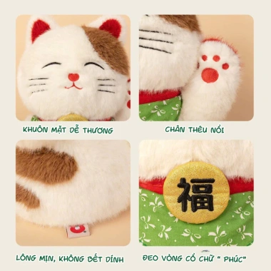 Gấu Bông Mèo Thần Tài 50cm Đuôi Đầy Đeo Khăn Xanh Thêu Chữ Phúc - May Mắn Tài Lộc, Chỉ 159.000