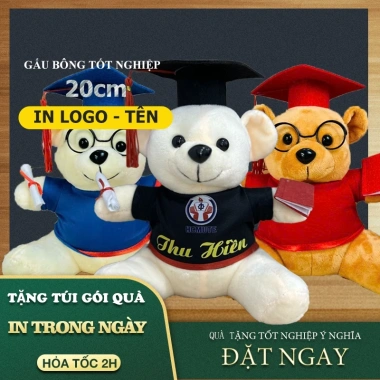 Gấu bông tốt nghiệp 20cm in tên và logo lông trơn, giá sỉ 45k, tặng giấy gói quà