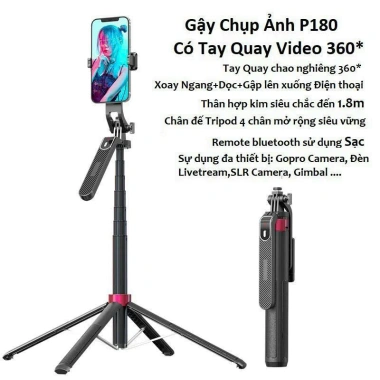 Gậy 3 chân gấp gọn, tay quay video 360 độ 1.8m, remote Bluetooth chụp hình 260k 2