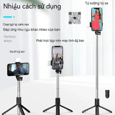 Gậy 3 chân R1S remote Bluetooth, đèn LED và giá đỡ selfie, chụp từ xa - 55.000₫