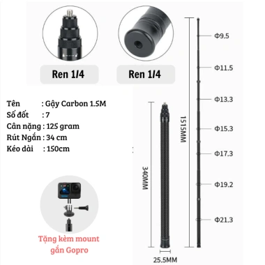 Gậy Carbon Fiber 1.5m/3m Tàng Hình Siêu Nhẹ - Phù Hợp Insta360 X5 X4 X3, Osmo 360, GoPro Max - Giá 279k 9