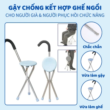Gậy chống trượt 3 chân inox gấp gọn có ghế ngồi cho người già Giá ưu đãi 200.000₫