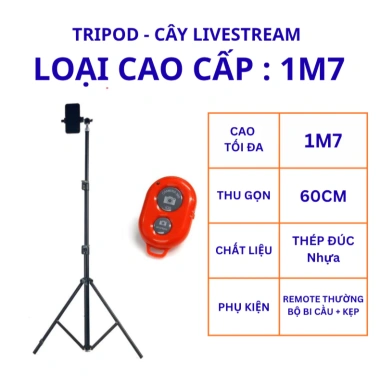 Gậy chụp ảnh 3 chân đa năng – Tripod livestream 1.6‑2.1m gấp gọn, kèm remote Bluetooth, giá ưu đãi 149k