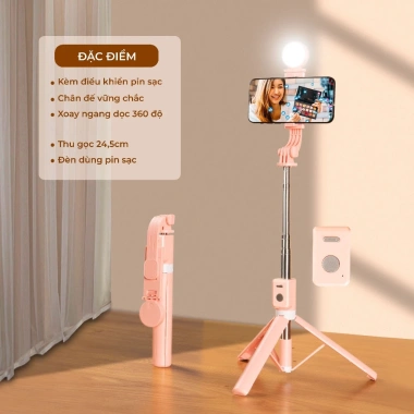 Gậy chụp ảnh 3 in 1 cao cấp kèm tripod, đèn LED, pin sạc - Giá chỉ 85.000 VND