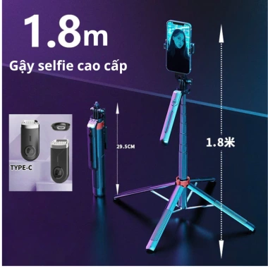 Gậy Chụp Ảnh 4 Chân Đèn LED 1.8m - Bluetooth, Quay Video, Selfie & Livestream