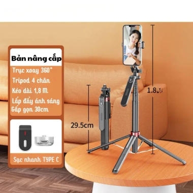 Gậy chụp ảnh 4 chân P180 1.8m - Tay quay 360°, Bluetooth sạc điện, giá 259.000đ 9