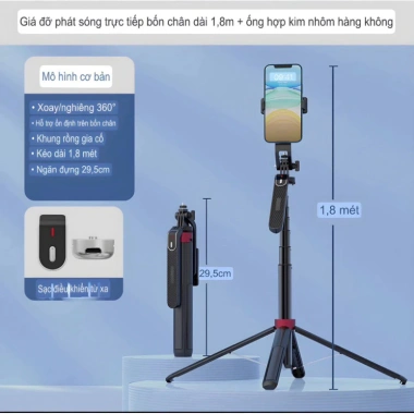 Gậy Chụp Ảnh 4 Chân P185 - Cầm Tay và Remote, Độ Dài 30‑180cm, Giá 250k