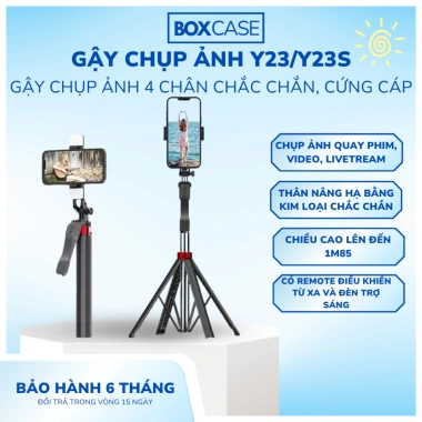 Gậy Chụp Ảnh 4 Chân Y23/Y23S – Bluetooth Remote, Đèn Trợ Sáng, 1.85m, Tự Sướng Livestream