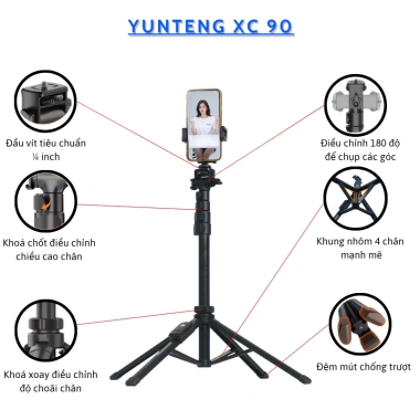 Gậy chụp ảnh 4 chân Yunteng XC-90 – Bluetooth, gấp gọn 171cm, vlog live, 355.000₫ 8