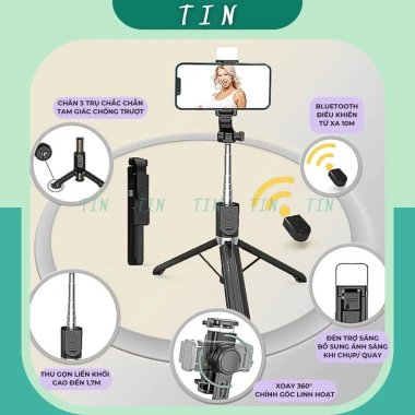 Gậy Chụp Cầm Tay Bluetooth Tripod Selfie Ba Chân Đèn Trợ Sáng Livestream TINTECH